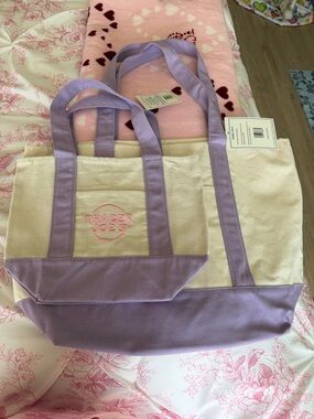 2 Trader Joe's Cream Canvas Tote Bag (1 large lavender and 1 lavender small)